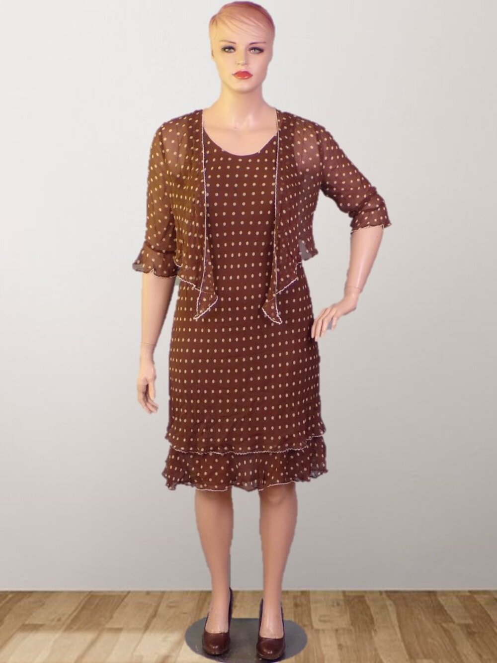 SILK! SIGNATURE BY ROBBIE BEE size 16 brown/buff polka-dot 2-pieces dress/shrug